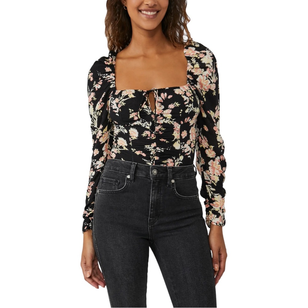 FREE PEOPLE | Hilary Printed Top Black Combo Floral Blouse NWT
